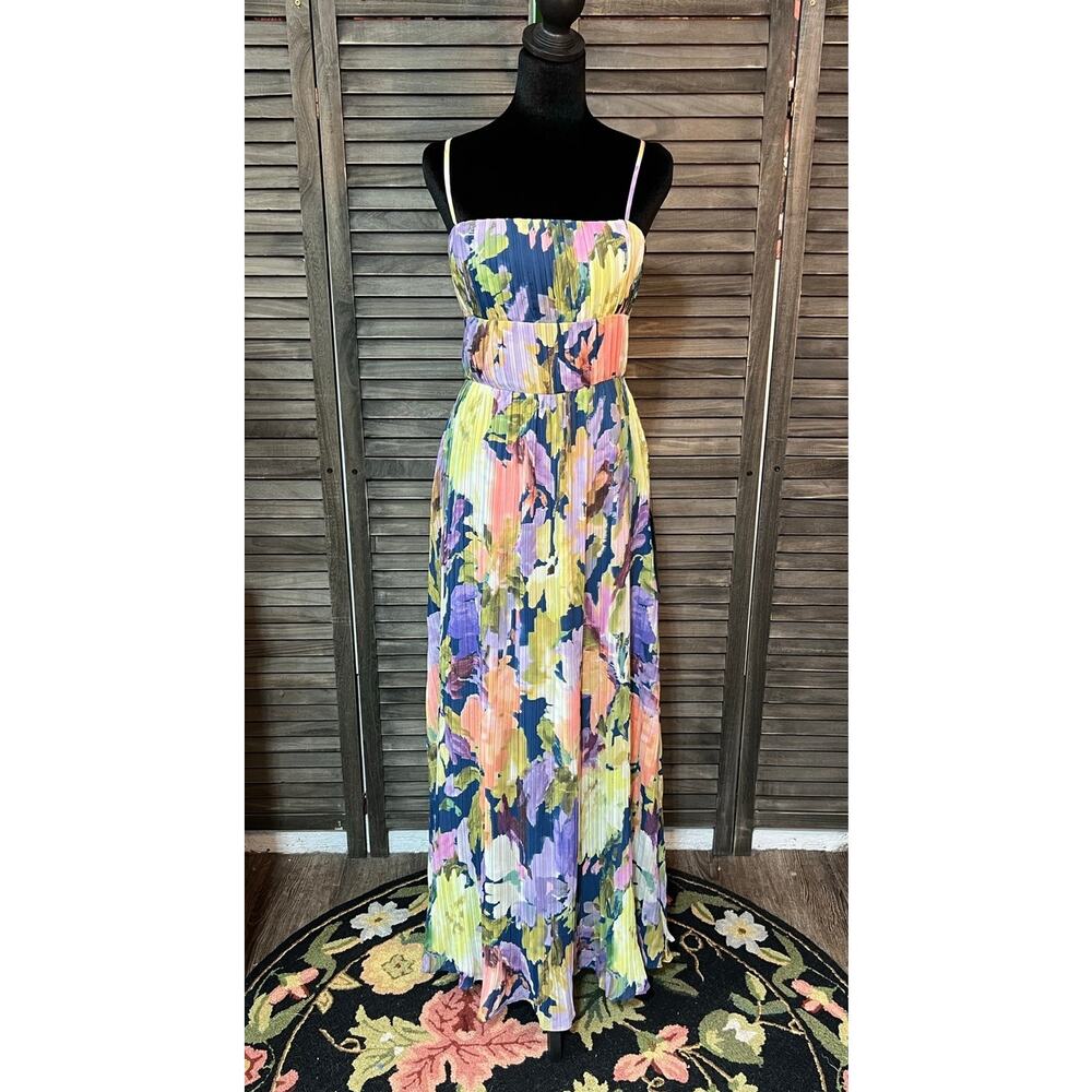 Lulus Holloway Watercolor Floral Pleated Chiffon Maxi Dress Size M Dark Blue - Picture 4 of 12